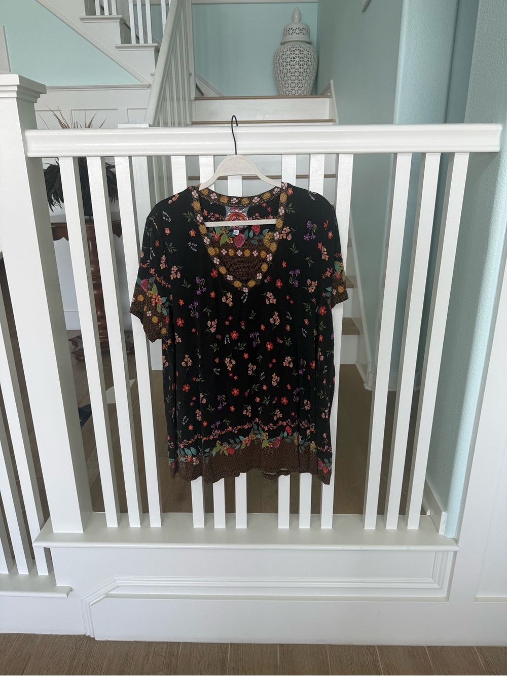 Johnny Was Janie Black Floral V-Neck Short Sleeve Top in Nani colorway 2x